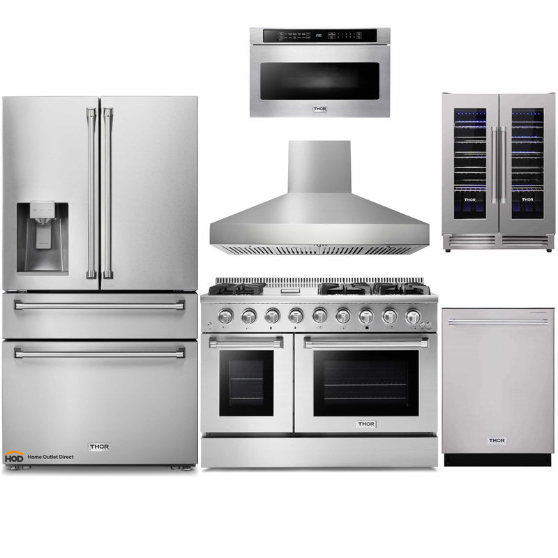Thor Kitchen 6-Piece Pro Appliance Package - 48-Inch Gas Range, Refrigerator with Water Dispenser, Dishwasher, Pro Wall Mount Hood, Microwave Drawer, & Wine Cooler in Stainless Steel