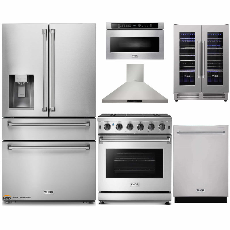 Thor Kitchen 6-Piece Appliance Package - 30-Inch Gas Range, Refrigerator with Water Dispenser, Wall Mount Hood, Dishwasher, Microwave Drawer, & Wine Cooler in Stainless Steel