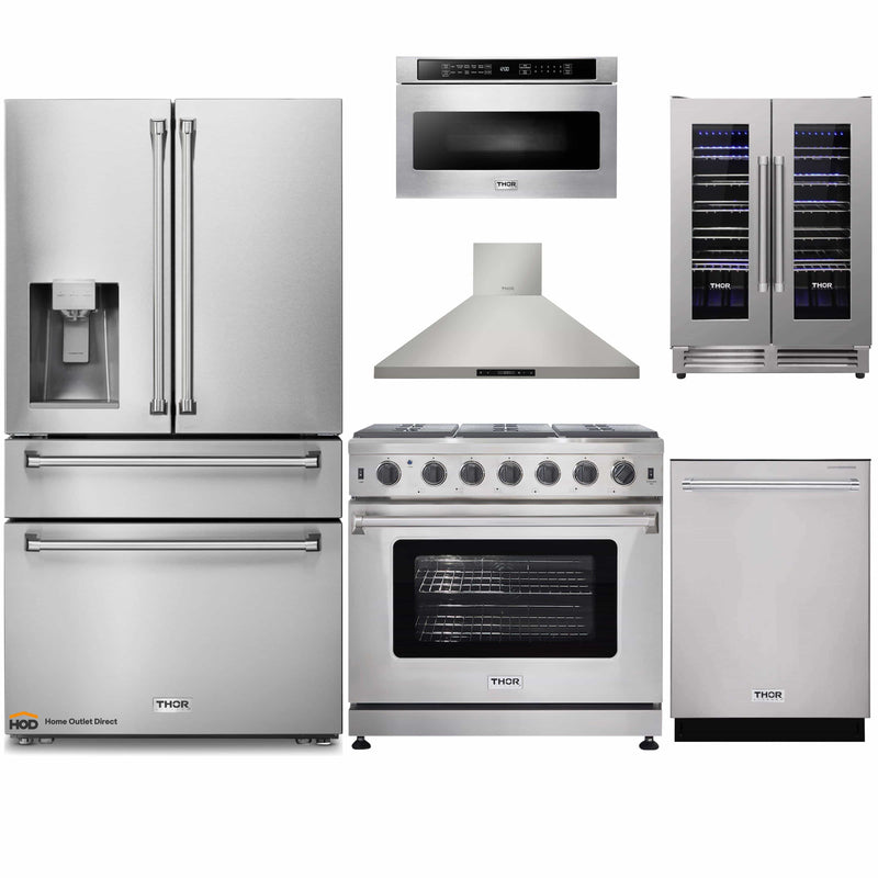Thor Kitchen 6-Piece Appliance Package - 36-Inch Gas Range, Refrigerator with Water Dispenser, Wall Mount Hood, Dishwasher, Microwave Drawer, & Wine Cooler in Stainless Steel