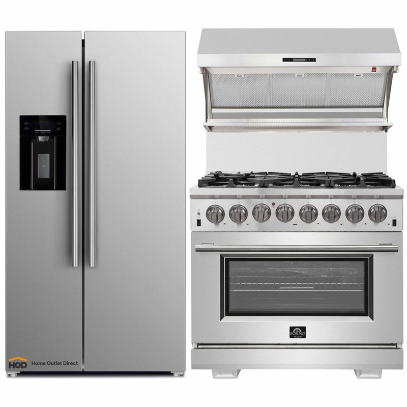 Forno 3-Piece Pro Appliance Package - 36-Inch Dual Fuel Range, Refrigerator with Water Dispenser,& Wall Mount Hood with Backsplash in Stainless Steel
