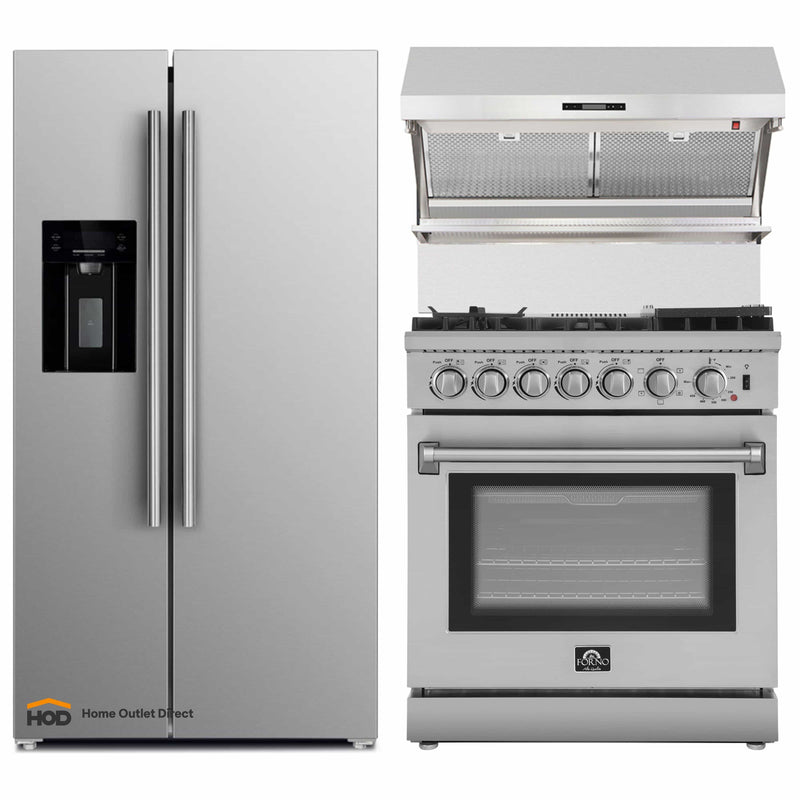 Forno 3-Piece Appliance Package - 30-Inch Dual Fuel Range with Air Fryer, Refrigerator with Water Dispenser, & Wall Mount Hood with Backsplash in Stainless Steel