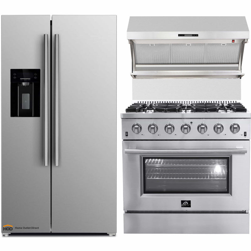 Forno 3-Piece Appliance Package - 36-Inch Gas Range, Refrigerator with Water Dispenser, & Wall Mount Hood with Backsplash in Stainless Steel