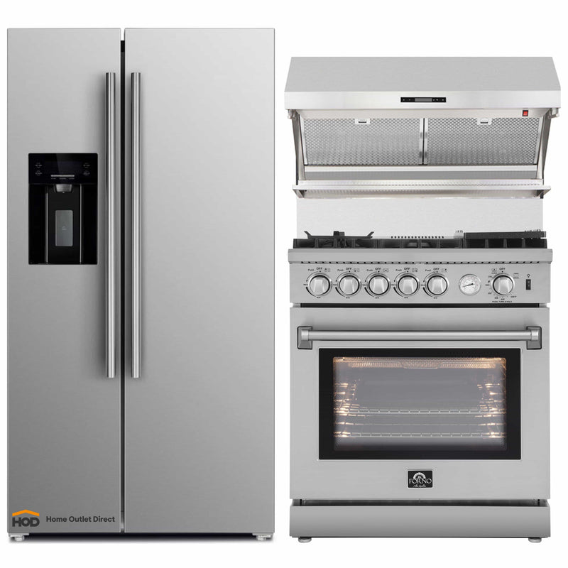 Forno 3-Piece Appliance Package - 30-Inch Gas Range with Air Fryer, Refrigerator with Water Dispenser, & Wall Mount Hood with Backsplash in Stainless Steel