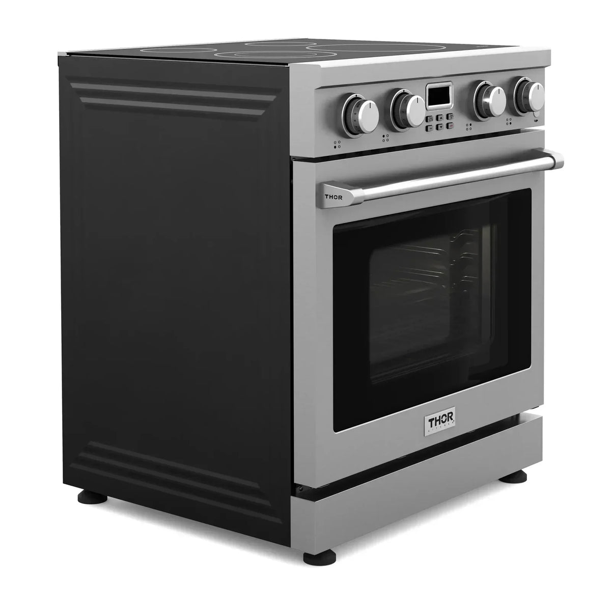 Thor Kitchen 5-Piece Appliance Package - 30-Inch Electric Range, Wall Mount Range Hood, Refrigerator with Water Dispenser, Dishwasher, and Microwave in Stainless Steel