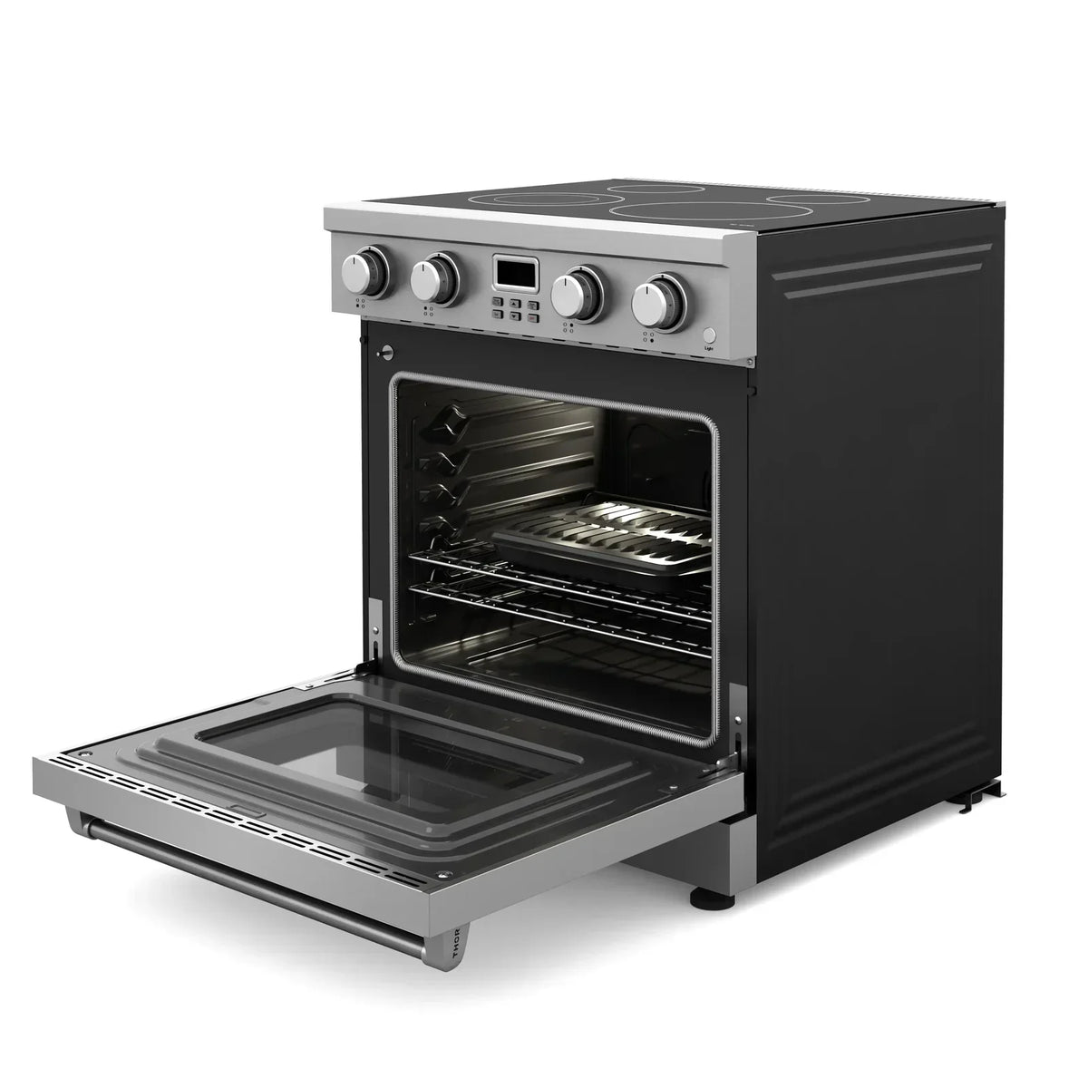 Thor Kitchen 5-Piece Appliance Package - 30-Inch Electric Range, Wall Mount Range Hood, Refrigerator with Water Dispenser, Dishwasher, and Microwave in Stainless Steel