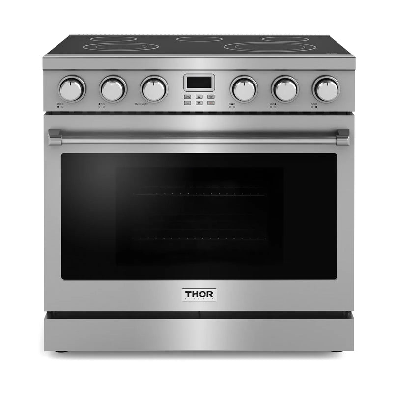 Thor Kitchen 5-Piece Appliance Package - 36-Inch Electric Range, Refrigerator, Dishwasher, Microwave, and Wine Cooler in Stainless Steel