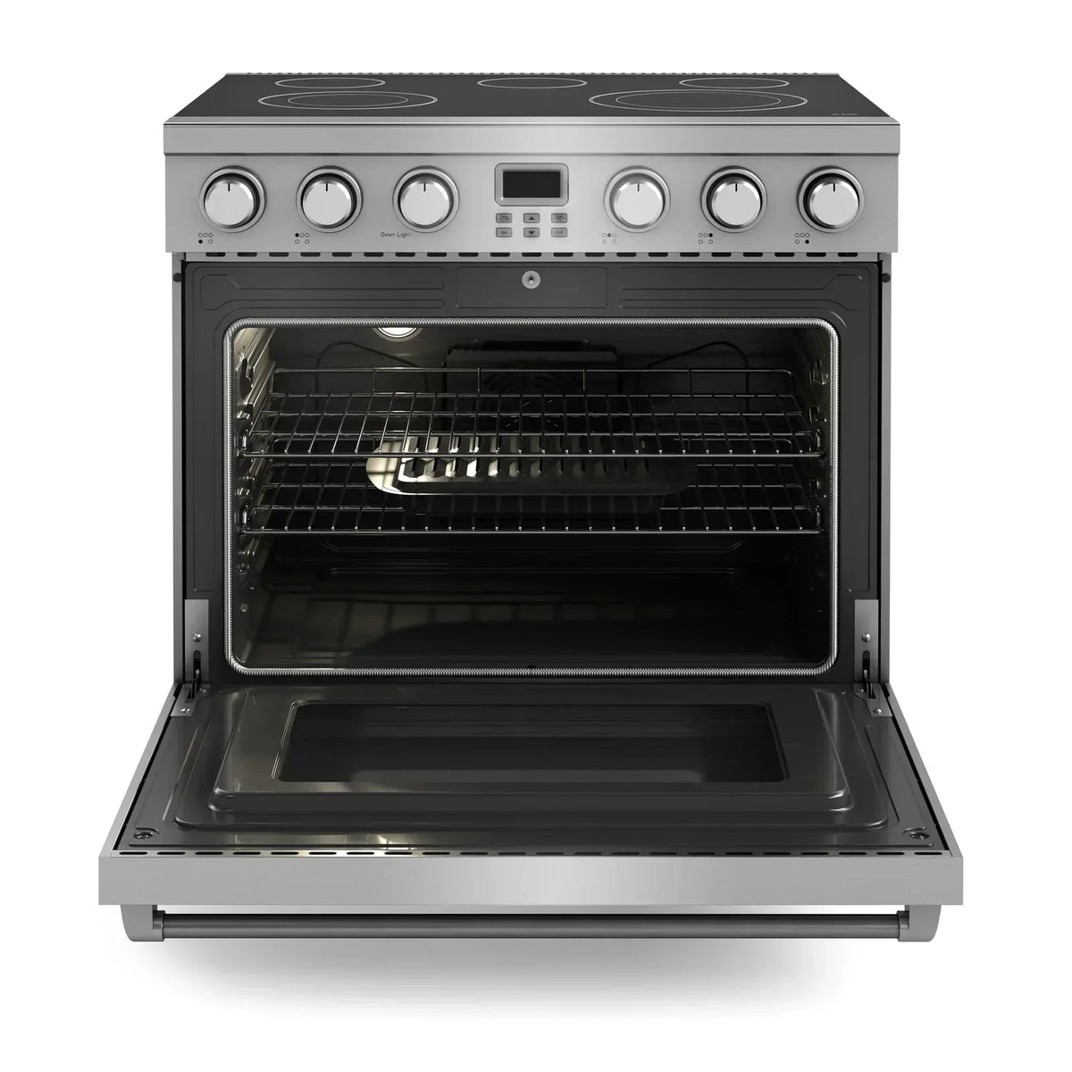 Thor Kitchen 4-Piece Appliance Package - 36-Inch Electric Range, Pro-Style Wall Mount Range Hood, Refrigerator with Water Dispenser, and Dishwasher in Stainless Steel
