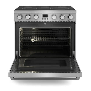 Thor Kitchen 6-Piece Appliance Package - 36-Inch Electric Range, Pro-Style Wall Mount Range Hood, Refrigerator, Dishwasher, Microwave, and Wine Cooler in Stainless Steel