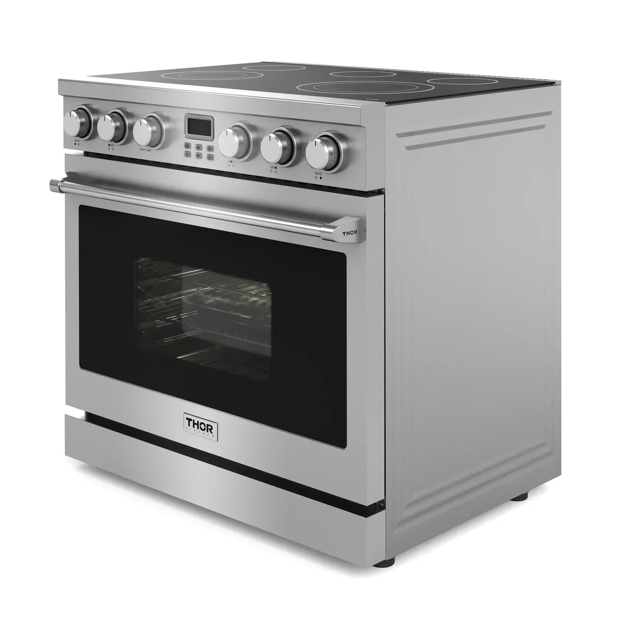 Thor Kitchen 4-Piece Appliance Package - 36-Inch Electric Range, Pro-Style Wall Mount Range Hood, Refrigerator, and Dishwasher in Stainless Steel