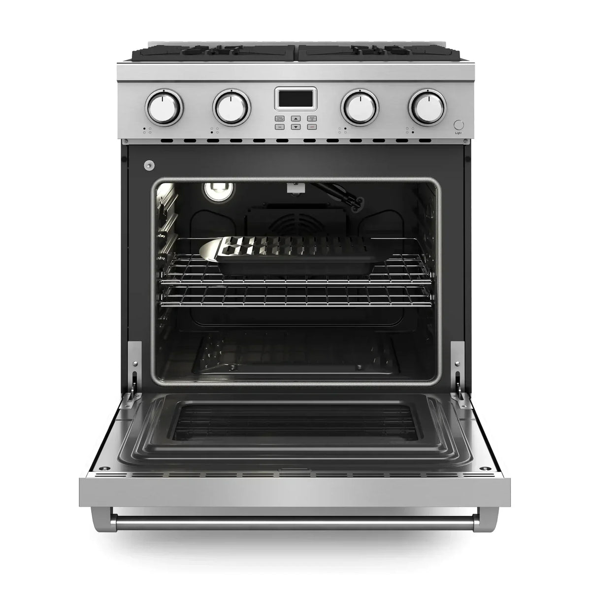 Thor Kitchen 5-Piece Appliance Package - 30-Inch Gas Range, Wall Mount Range Hood, Refrigerator with Water Dispenser, Dishwasher, and Microwave in Stainless Steel