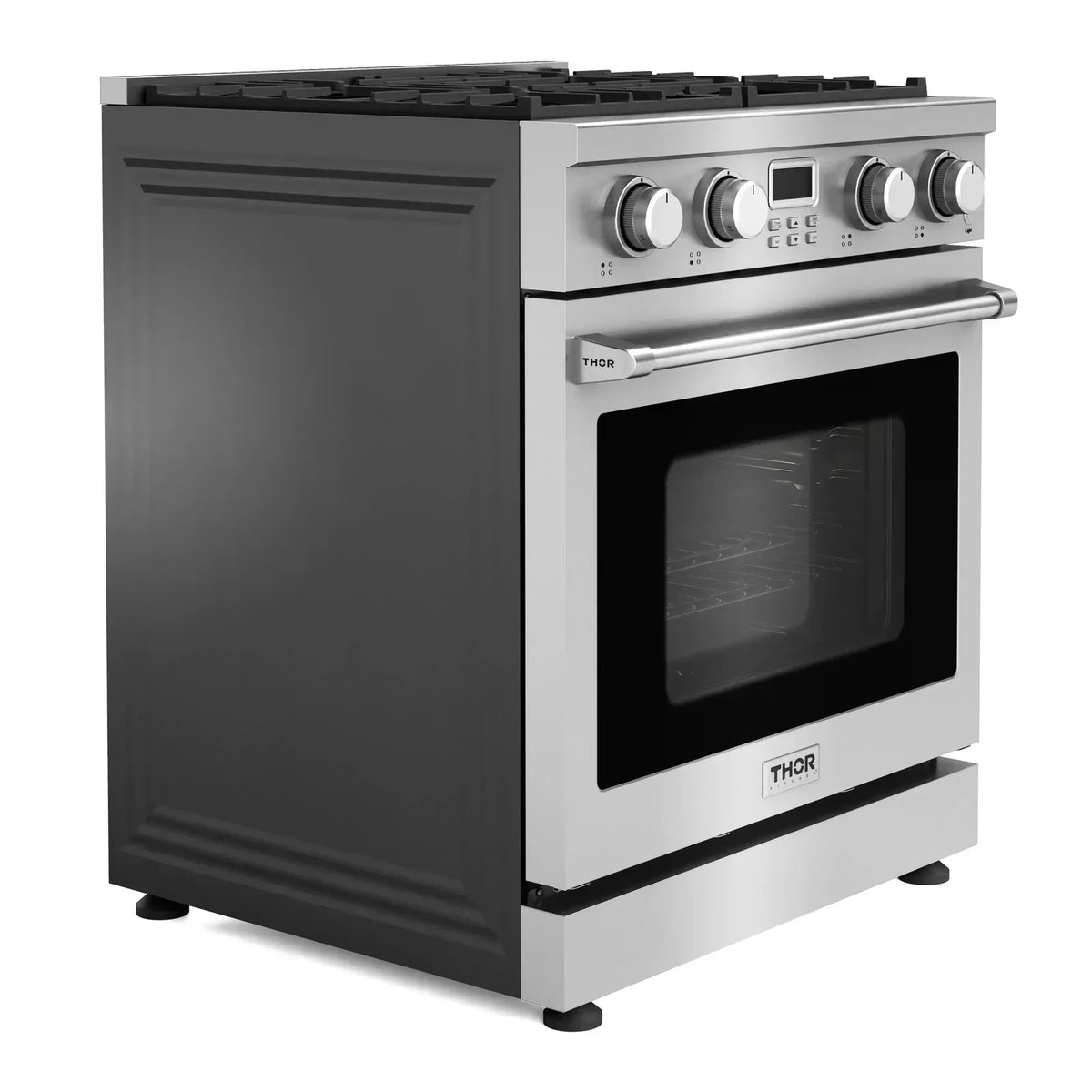 Thor Kitchen 5-Piece Appliance Package - 30-Inch Gas Range, Wall Mount Range Hood, Refrigerator with Water Dispenser, Dishwasher, and Microwave in Stainless Steel