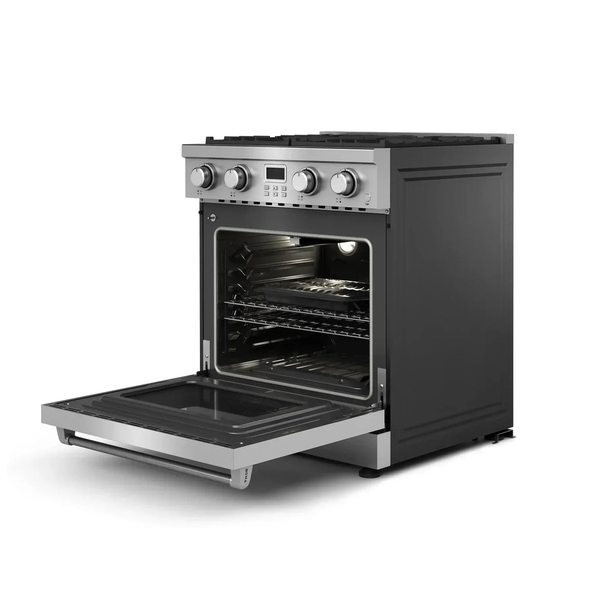 Thor Kitchen 6-Piece Appliance Package - 30-Inch Gas Range, Wall Mount Range Hood, Refrigerator with Water Dispenser, Dishwasher, Microwave, and Wine Cooler in Stainless Steel