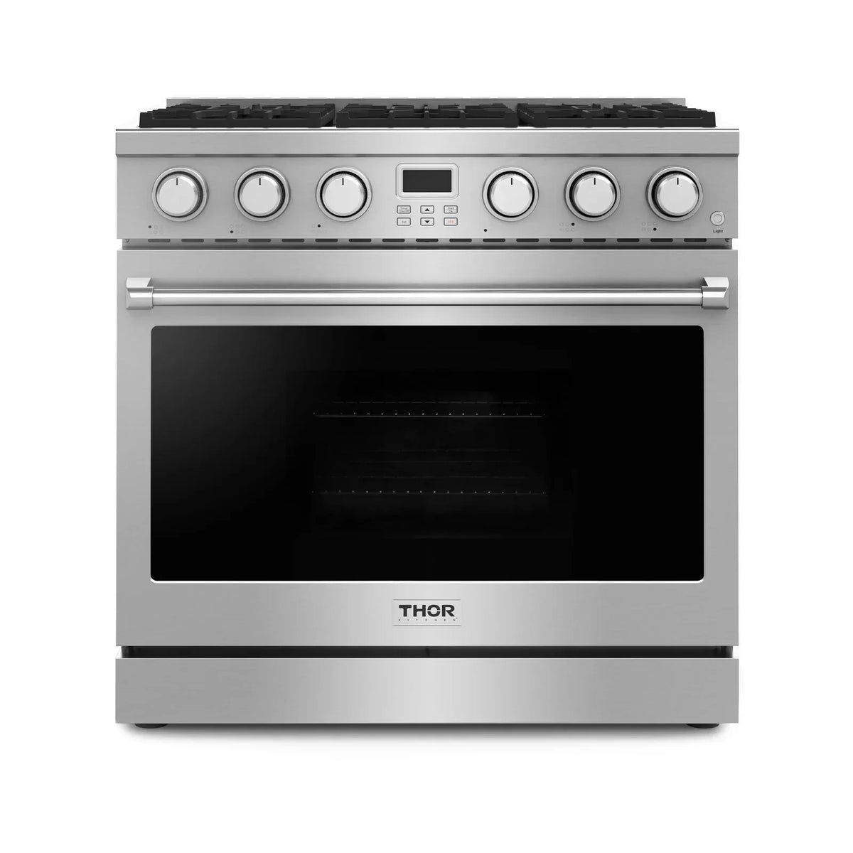 Thor Kitchen 4-Piece Appliance Package - 36-Inch Gas Range, Pro-Style Wall Mount Range Hood, Refrigerator, and Dishwasher in Stainless Steel