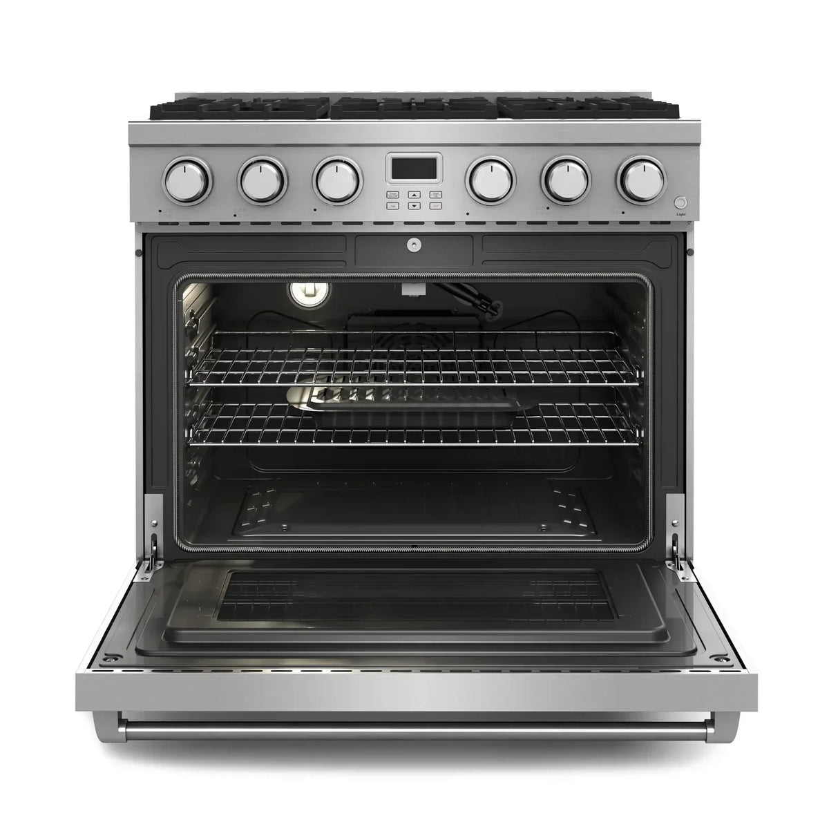 Thor Kitchen 4-Piece Appliance Package - 36-Inch Gas Range, Wall Mount Range Hood, Refrigerator with Water Dispenser, and Dishwasher in Stainless Steel