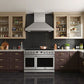 THOR Kitchen ARG48 48-Inch Professional Stainless Steel Natural Gas Range in Modern kitchen with stainless steel appliances, wooden cabinets, and black tiled backsplash.