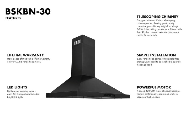 ZLINE 30-Inch Convertible Wall Mount Range Hood in Black Stainless Steel with Set of 2 Charcoal Filters, LED lighting, Baffle Filters (BSKBN-CF-30)