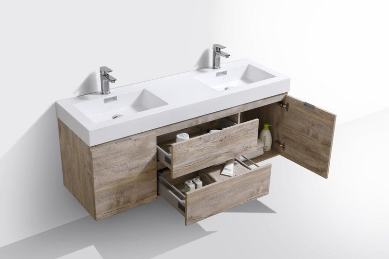 KubeBath Bliss 60 in. Double Sink Wall Mount Modern Bathroom Vanity - Nature Wood, BSL60D-NW