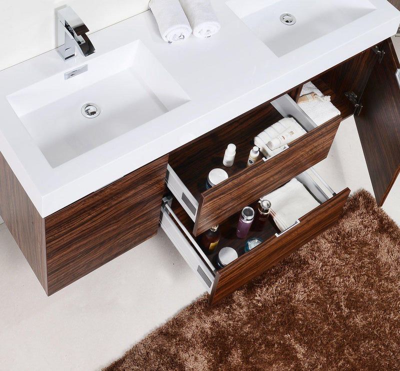 KubeBath Bliss 60 in. Double Sink Wall Mount Modern Bathroom Vanity - Walnut, BSL60D-WNT