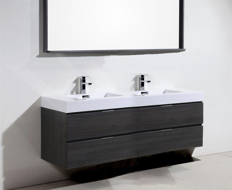 Bliss 72 in. Double Sink Wall Mount Modern Bathroom Vanity - Gray Oak