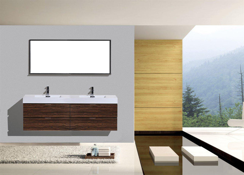Bliss 72 in. Double Sink Wall Mount Modern Bathroom Vanity - Walnut