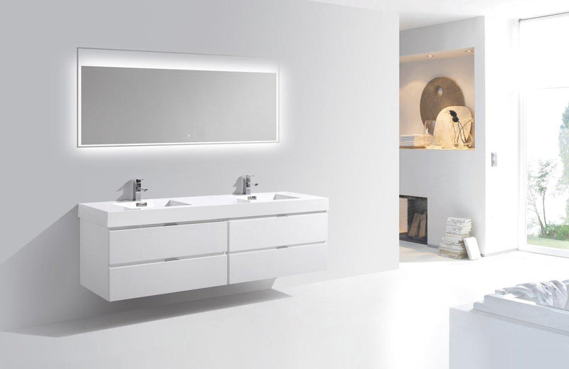 Bliss 80 in. Double Sink Wall Mount Modern Bathroom Vanity - High Gloss White