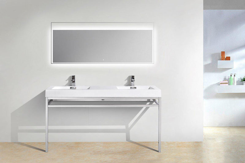 KubeBath Haus 60 in. Double Sink Stainless Steel Console w/ White Acrylic Sink - Chrome, CH60D