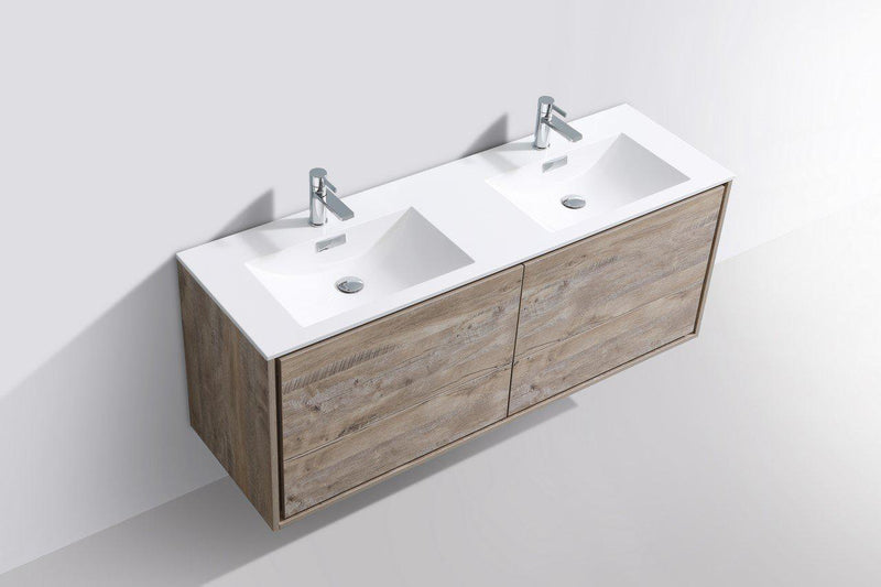 KubeBath DeLusso 60 in. Double Sink Wall Mount Modern Bathroom Vanity - Nature Wood, DL60D-NW