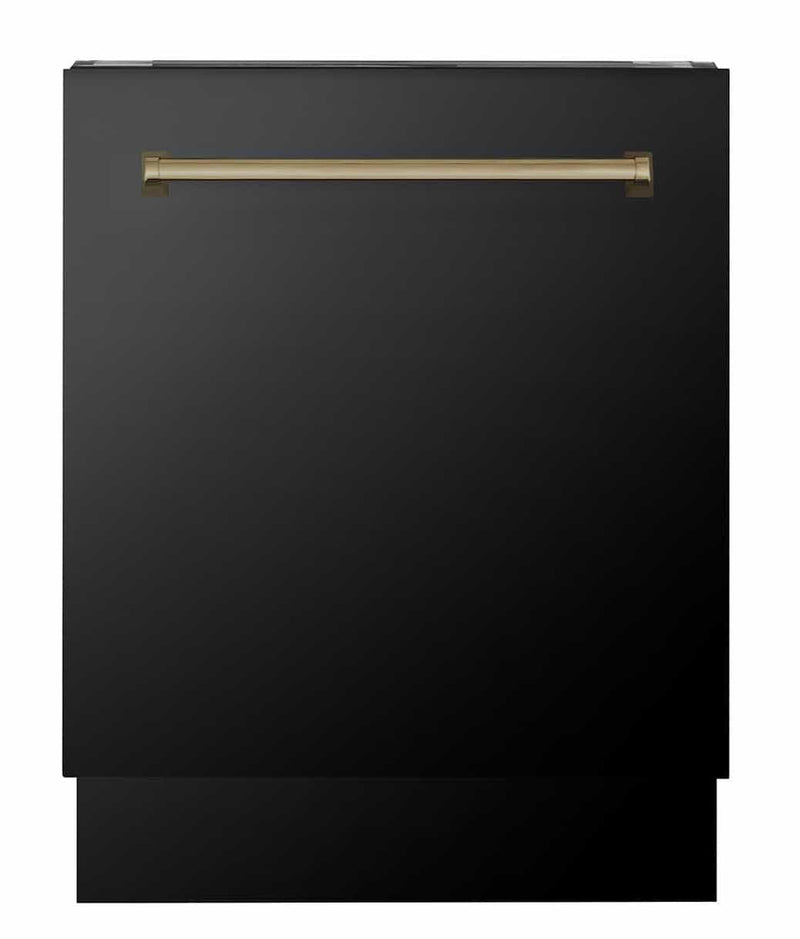 ZLINE Autograph Edition 4-Piece Appliance Package - 36-Inch Dual Fuel Range, Refrigerator, Wall Mounted Range Hood, and 24-Inch Tall Tub Dishwasher in Black Stainless Steel with Champagne Bronze Trim (4AKPR-RABRHDWV36-CB)