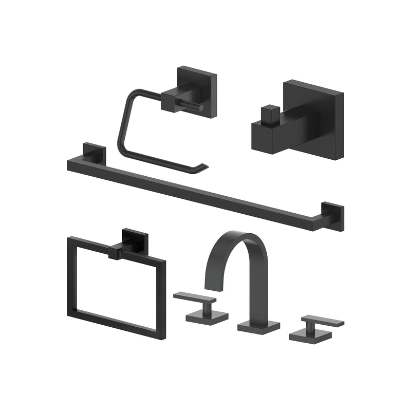 ZLINE Bliss Bathroom Package with Faucet, Towel Rail, Hook, Ring and Toliet Paper Holder in Matte Black (5BP-BLSACCF-MB)
