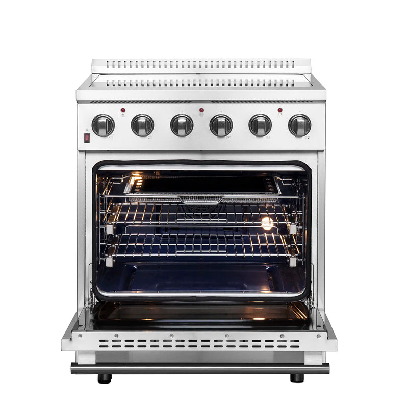 Forno 4-Piece Appliance Package - 30-Inch Electric Range, Wall Mount Range Hood with Backsplash, Pro-Style Refrigerator, and Dishwasher in Stainless Steel