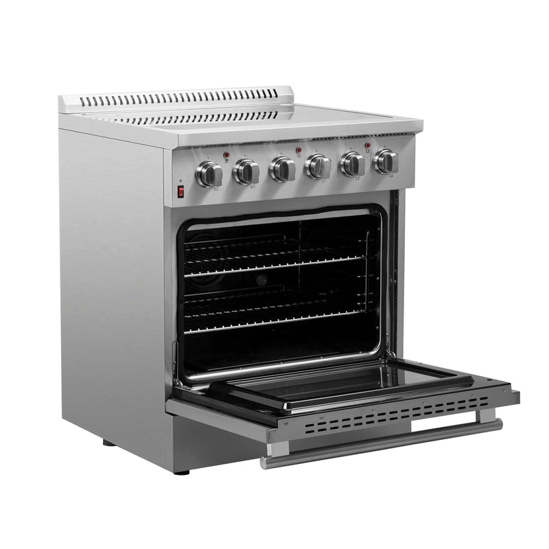 Forno 5-Piece Appliance Package - 30-Inch Electric Range, Wall Mount Range Hood, Pro-Style Refrigerator, Dishwasher, and Microwave Oven in Stainless Steel