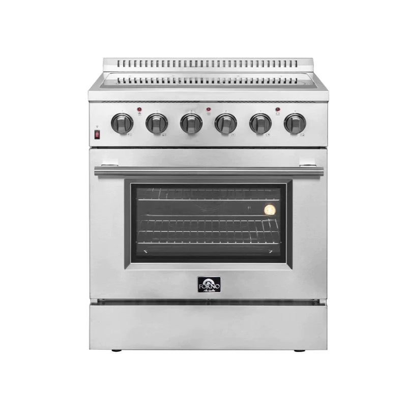 Forno 5-Piece Appliance Package - 30-Inch Electric Range, Wall Mount Range Hood with Backsplash, Pro-Style Refrigerator, Dishwasher, and Microwave Oven in Stainless Steel
