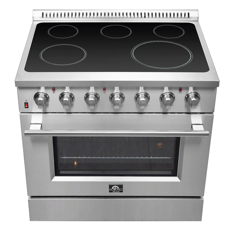 Forno 4-Piece Appliance Package - 36-Inch Electric Range, Wall Mount Range Hood, Pro-Style Refrigerator, and Dishwasher in Stainless Steel