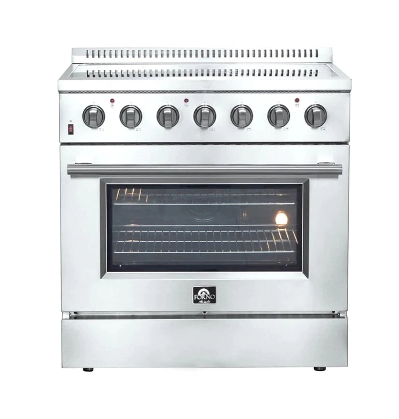 Forno 4-Piece Appliance Package - 36-Inch Electric Range, Wall Mount Range Hood, Pro-Style Refrigerator, and Dishwasher in Stainless Steel