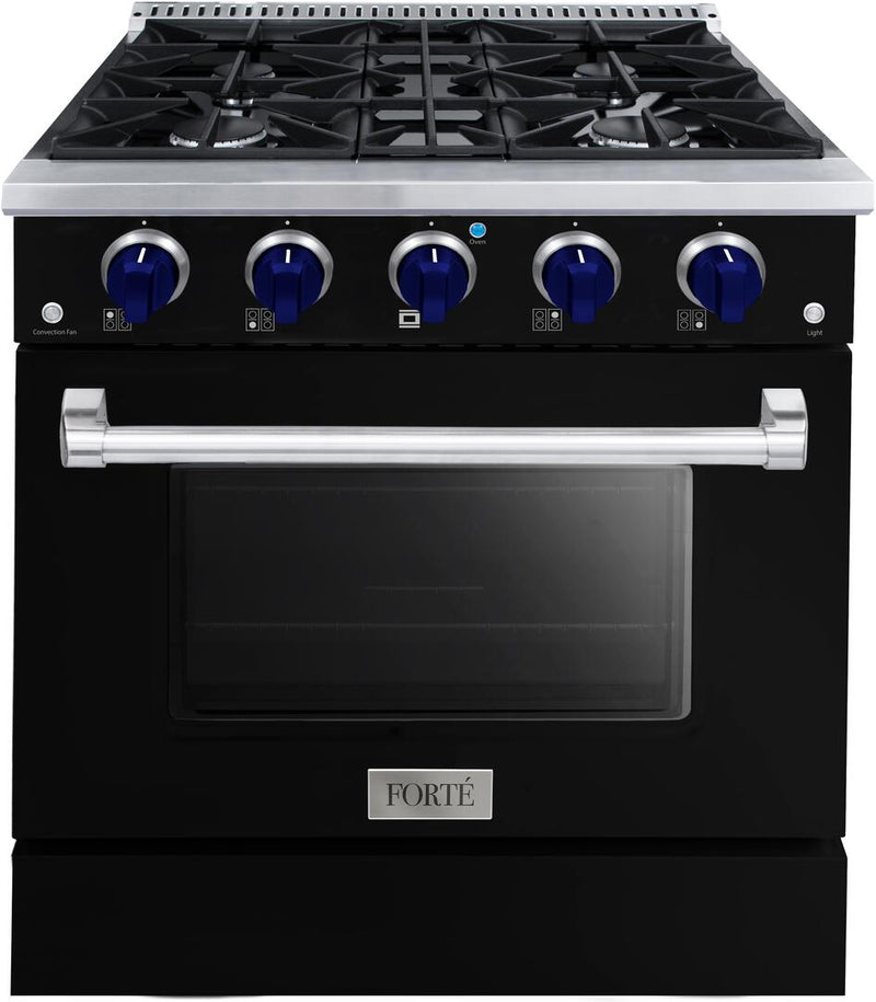Forte 30-Inch Freestanding All Gas Range, 4 Sealed Italian Made Burners, 3.53 cu. ft. Oven, Easy Glide Oven Racks, in Stainless Steel with Black Finish and Blue Knobs (FGR304BBB31)