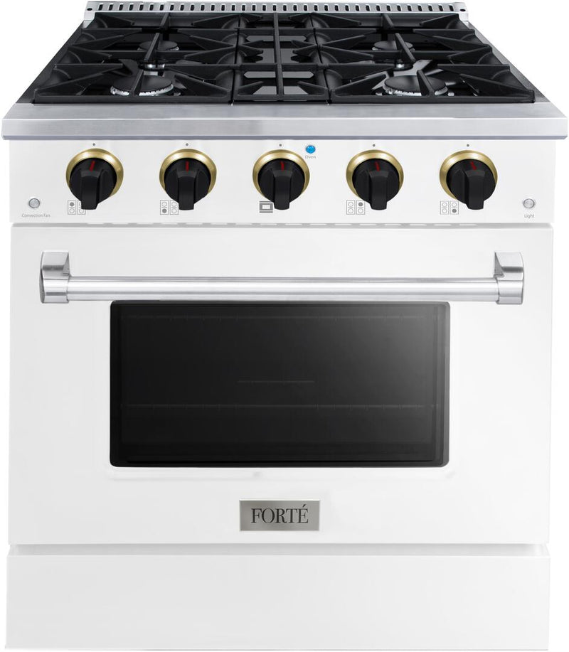 Forte 30-Inch Freestanding All Gas Range, 4 Sealed Italian Made Burners, 3.53 cu. ft. Oven, Easy Glide Oven Racks, in Stainless Steel with White Finish and Black Knobs (FGR304BWW21)