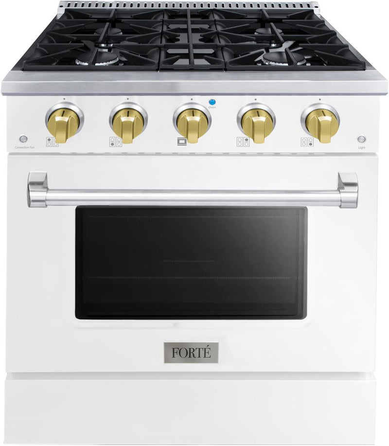 Forte 30-Inch Freestanding All Gas Range, 4 Sealed Italian Made Burners, 3.53 cu. ft. Oven, Easy Glide Oven Racks, in Stainless Steel with White Finish and Brass Knobs (FGR304BWW41)