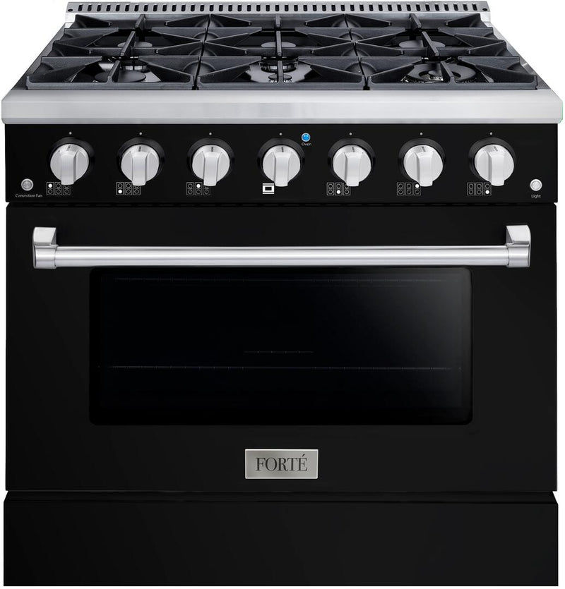 Forte 36-Inch Freestanding All Gas Range, 6 Sealed Italian Made Burners, 4.5 cu. ft. Oven, Easy Glide Oven Racks, in Stainless Steel with Black Finish and Stainless Steel Knobs (FGR366BBB)