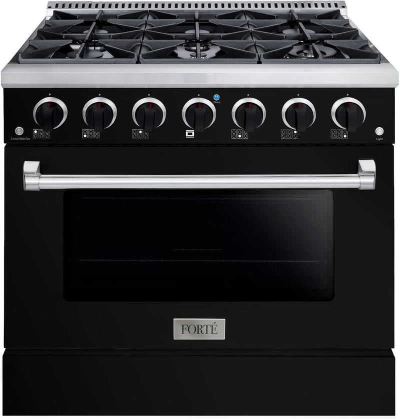 Forte 36-Inch Freestanding All Gas Range, 6 Sealed Italian Made Burners, 4.5 cu. ft. Oven, Easy Glide Oven Racks, in Stainless Steel with Black Finish and Black Knobs (FGR366BBB21)