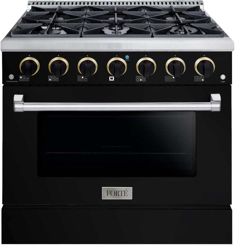 Forte 36-Inch Freestanding All Gas Range, 6 Sealed Italian Made Burners, 4.5 cu. ft. Oven, Easy Glide Oven Racks, in Stainless Steel with Black Finish and Black Knobs (FGR366BBB21)