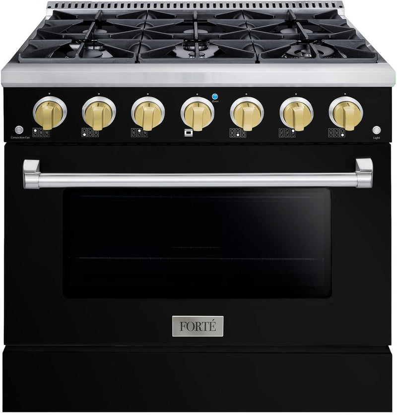 Forte 36-Inch Freestanding All Gas Range, 6 Sealed Italian Made Burners, 4.5 cu. ft. Oven, Easy Glide Oven Racks, in Stainless Steel with Black Finish and Brass Knobs (FGR366BBB41)