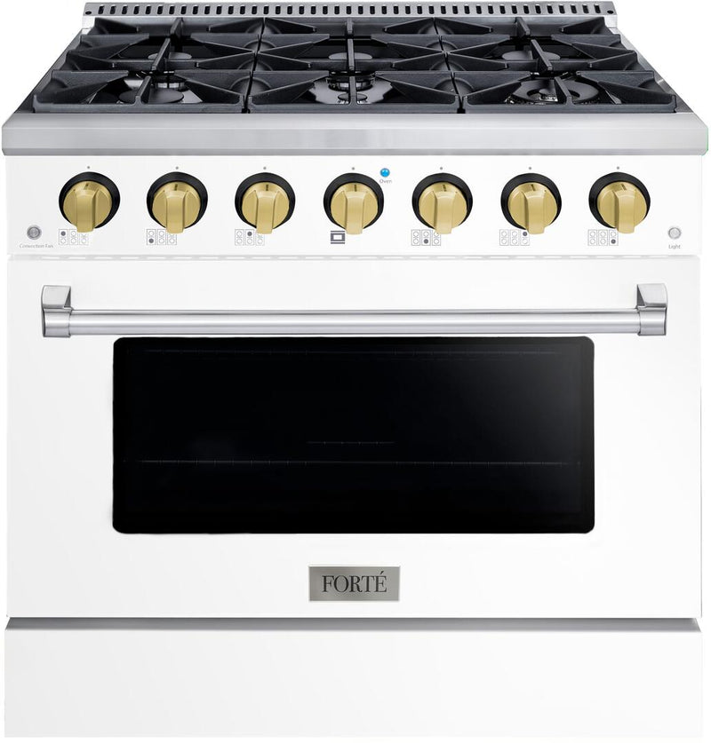 Forte 36-Inch Freestanding All Gas Range, 6 Sealed Italian Made Burners, 4.5 cu. ft. Oven, Easy Glide Oven Racks, in Stainless Steel with White Finish and Brass Knobs (FGR366BWW41)