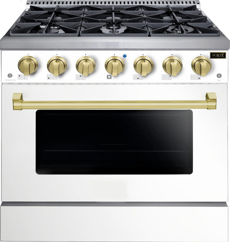 Forte 36-Inch Freestanding All Gas Range, 6 Sealed Italian Made Burners, 4.5 cu. ft. Oven, Easy Glide Oven Racks, in Stainless Steel with Brass Trim (FGR366BWWBR)
