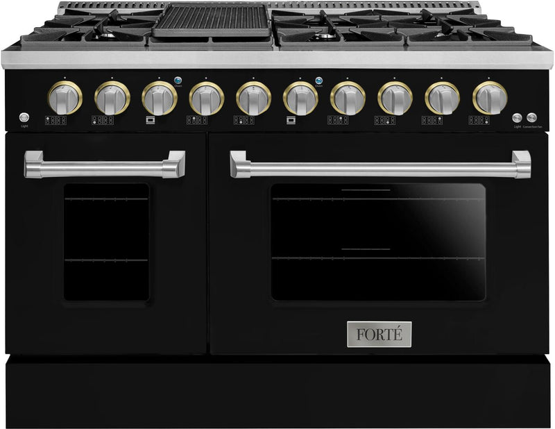 Forte 48-Inch Freestanding All Gas Range, 8 Sealed Burners, Oven & Griddle, in Stainless Steel With Black Finish And Stainless Steel Knobs (FGR488BBB)