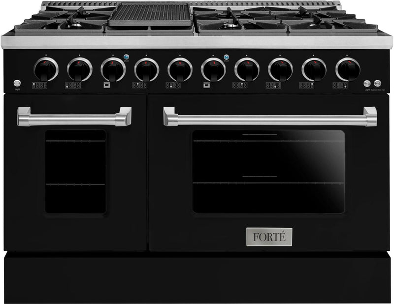 Forte 48-Inch Freestanding All Gas Range, 8 Sealed Burners, Oven & Griddle, in Stainless Steel with Black Finish and Black Knobs (FGR488BBB21)