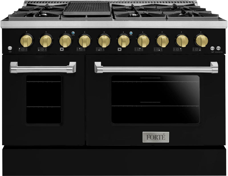Forte 48-Inch Freestanding All Gas Range, 8 Sealed Burners, Oven & Griddle, in Stainless Steel with Black Finish and Brass Knobs (FGR488BBB41)