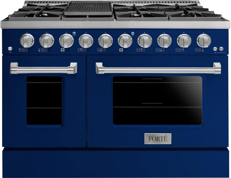 Forte 48-Inch Freestanding All Gas Range, 8 Sealed Burners, Oven & Griddle, in Stainless Steel with Blue Finish and Stainless Steel Knobs (FGR488BBL)