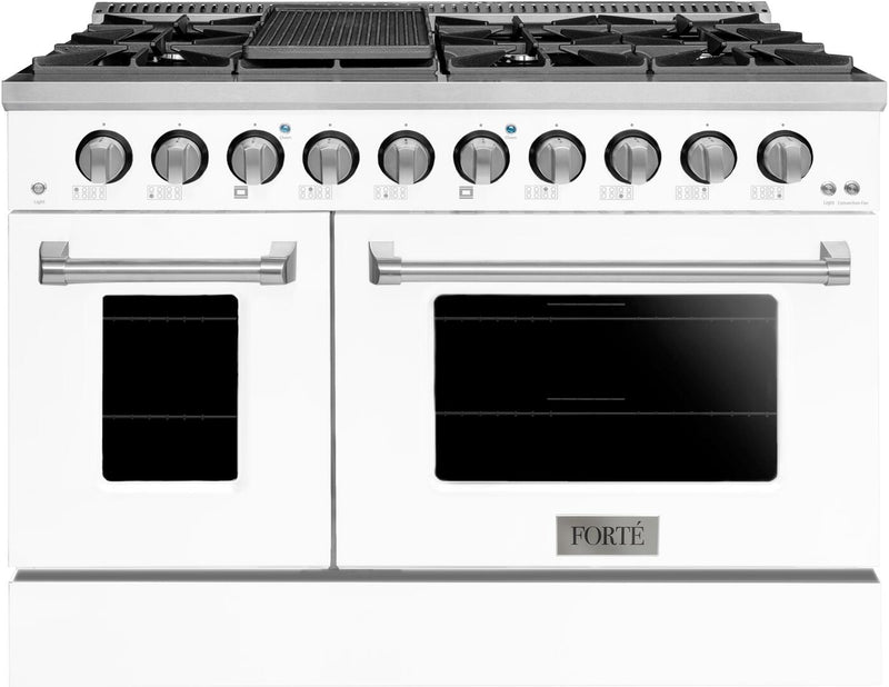 Forte 48-Inch Freestanding All Gas Range, 8 Sealed Burners, Oven & Griddle, in Stainless Steel With White Finish And Stainless Steel Knobs (FGR488BWW)