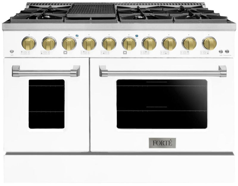 Forte 48-Inch Freestanding All Gas Range, 8 Sealed Burners, Oven & Griddle, in Stainless Steel with White Finish and Brass Knobs (FGR488BWW41)