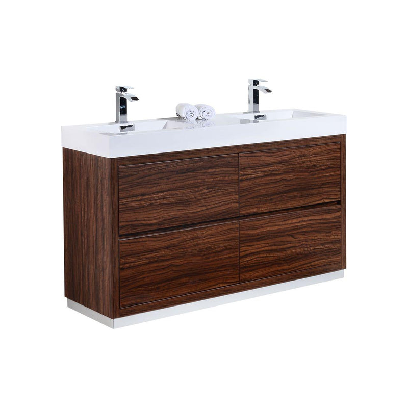 KubeBath Bliss 60 in. Double Sink Free Standing Modern Bathroom Vanity - Walnut, FMB60D-WNT